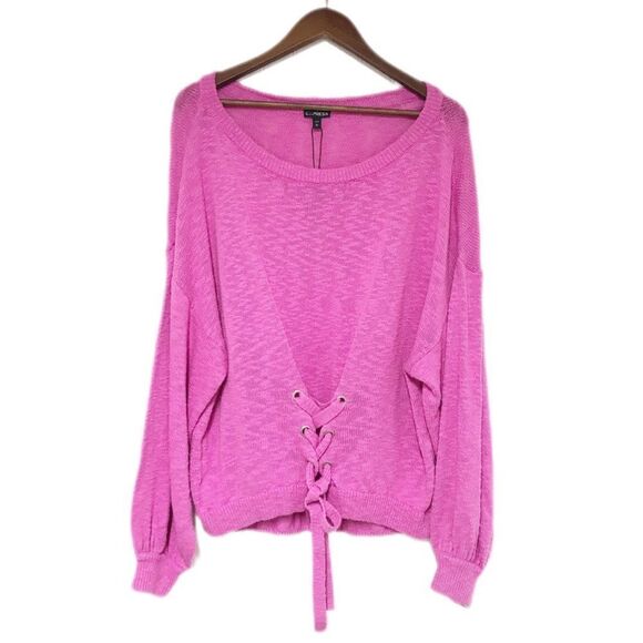 EXPRESS Pink Lace Up Sweater Oversized Pullover Tie Waist Casual Size Large New - Picture 3 of 12